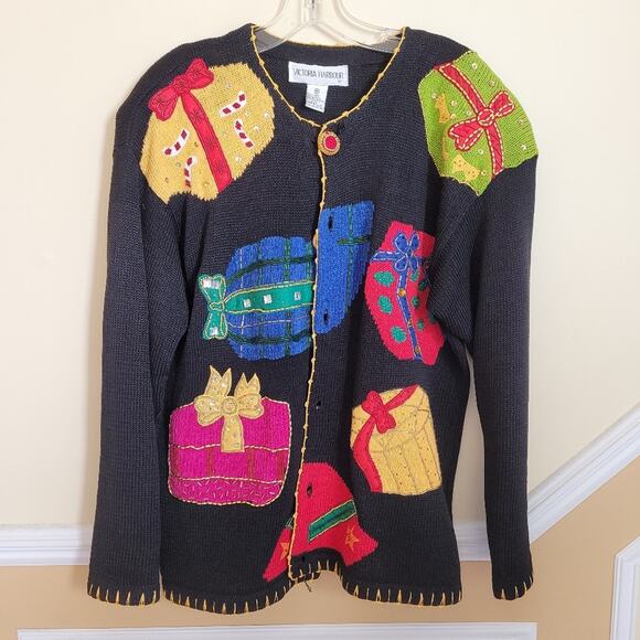 Vintage Victoria Harbour Holiday Presents Embellished Applique Cardigan size Med - Picture 2 of 14